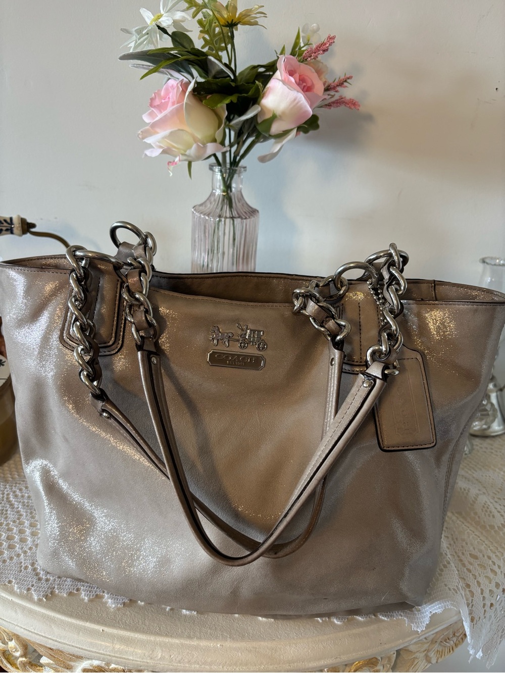 Coach Chelsea Metallic Taupe Leather Tote with Chain-Strap Detail